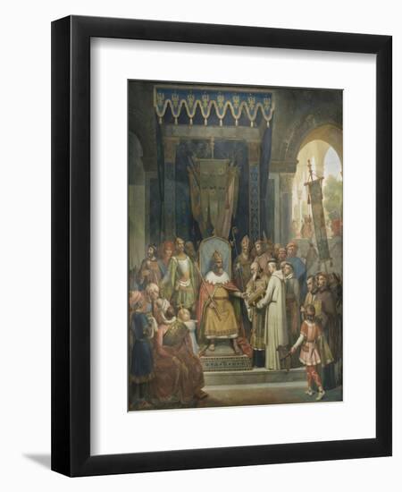 Charlemagne, entouré des ses principaux officiers, reçoit Alcuin qui lui présente des manuscrits,-Jean Victor Schnetz-Framed Giclee Print