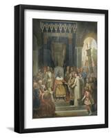 Charlemagne, entouré des ses principaux officiers, reçoit Alcuin qui lui présente des manuscrits,-Jean Victor Schnetz-Framed Giclee Print