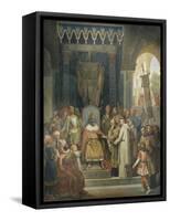 Charlemagne, entouré des ses principaux officiers, reçoit Alcuin qui lui présente des manuscrits,-Jean Victor Schnetz-Framed Stretched Canvas