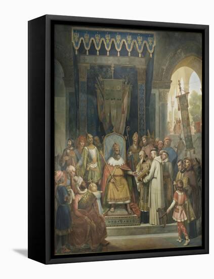 Charlemagne, entouré des ses principaux officiers, reçoit Alcuin qui lui présente des manuscrits,-Jean Victor Schnetz-Framed Stretched Canvas