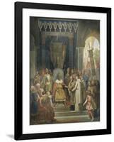 Charlemagne, entouré des ses principaux officiers, reçoit Alcuin qui lui présente des manuscrits,-Jean Victor Schnetz-Framed Giclee Print