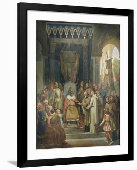 Charlemagne, entouré des ses principaux officiers, reçoit Alcuin qui lui présente des manuscrits,-Jean Victor Schnetz-Framed Giclee Print