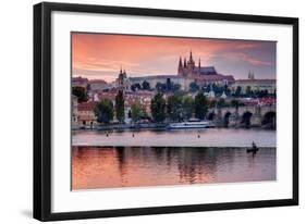 Charles Bridge across Vltava River with Hradcany Quarter and St. Vitus Cathedral in Prague-null-Framed Art Print