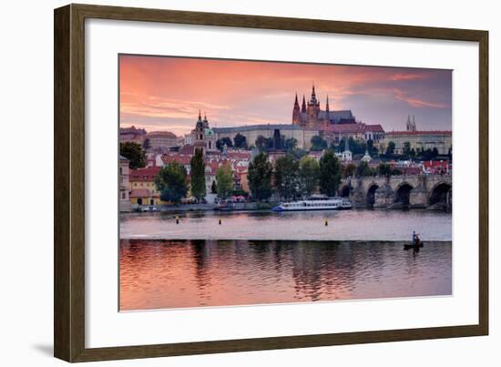 Charles Bridge across Vltava River with Hradcany Quarter and St. Vitus Cathedral in Prague-null-Framed Art Print