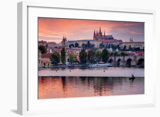 Charles Bridge across Vltava River with Hradcany Quarter and St. Vitus Cathedral in Prague-null-Framed Art Print