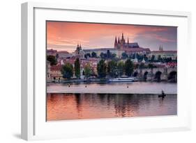 Charles Bridge across Vltava River with Hradcany Quarter and St. Vitus Cathedral in Prague-null-Framed Art Print