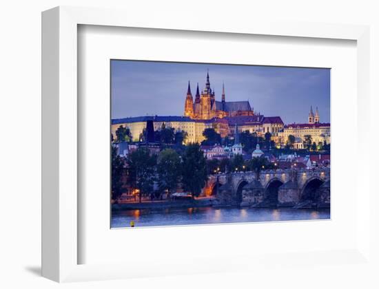 Charles Bridge across Vltava River with Hradcany Quarter and St. Vitus Cathedral in Prague-null-Framed Art Print