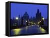 Charles Bridge at Night and City Skyline with Spires, Prague, Czech Republic-Nigel Francis-Framed Stretched Canvas