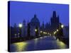 Charles Bridge at Night and City Skyline with Spires, Prague, Czech Republic-Nigel Francis-Stretched Canvas