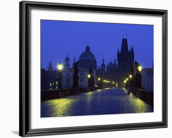 Charles Bridge at Night and City Skyline with Spires, Prague, Czech Republic-Nigel Francis-Framed Photographic Print