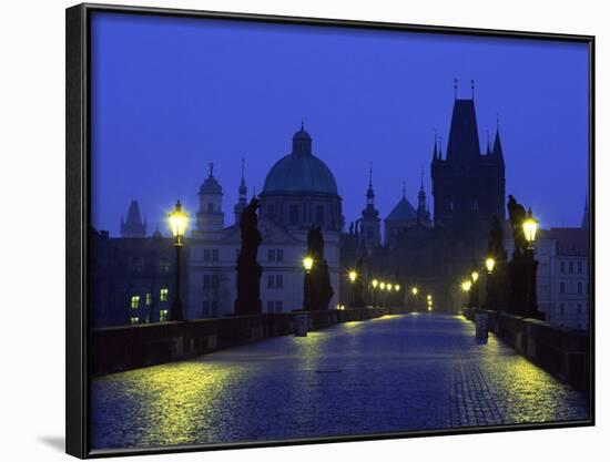 Charles Bridge at Night and City Skyline with Spires, Prague, Czech Republic-Nigel Francis-Framed Photographic Print