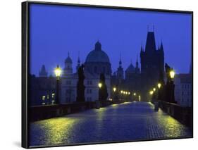 Charles Bridge at Night and City Skyline with Spires, Prague, Czech Republic-Nigel Francis-Framed Photographic Print