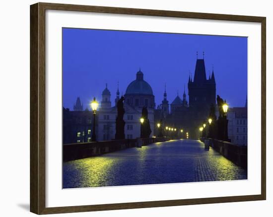 Charles Bridge at Night and City Skyline with Spires, Prague, Czech Republic-Nigel Francis-Framed Photographic Print