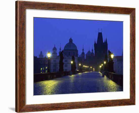 Charles Bridge at Night and City Skyline with Spires, Prague, Czech Republic-Nigel Francis-Framed Photographic Print