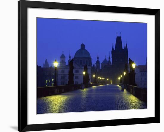 Charles Bridge at Night and City Skyline with Spires, Prague, Czech Republic-Nigel Francis-Framed Photographic Print