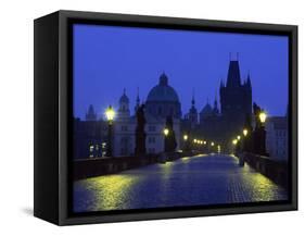 Charles Bridge at Night and City Skyline with Spires, Prague, Czech Republic-Nigel Francis-Framed Stretched Canvas