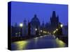 Charles Bridge at Night and City Skyline with Spires, Prague, Czech Republic-Nigel Francis-Stretched Canvas