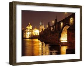 Charles Bridge over the River Vltava at Night, UNESCO World Heritage Site, Prague, Czech Republic,-Hans Peter Merten-Framed Photographic Print