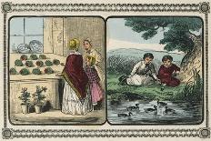 Women Visit a Shop That Sells Plants and Boys by a Pond Count Ducks-Charles Butler-Art Print