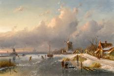 A Winter Landscape with Windmills and Skaters on a Frozen Waterway, 1840S-50S (Oil on Panel)-Charles-Henri-Joseph Leickert-Giclee Print