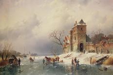A Winter Landscape with Windmills and Skaters on a Frozen Waterway, 1840S-50S (Oil on Panel)-Charles-Henri-Joseph Leickert-Framed Giclee Print