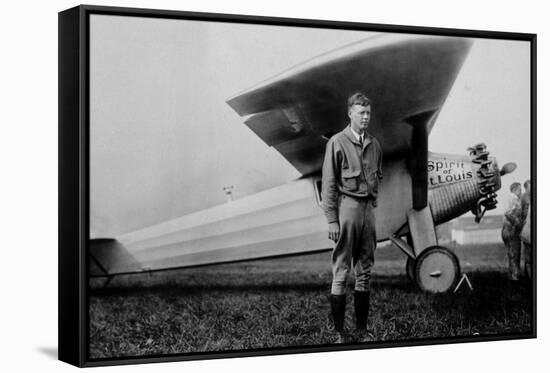 Charles Lindbergh (1902-1974) American Aviator in Front of His Plane Spirit of Saint Louis-null-Framed Stretched Canvas