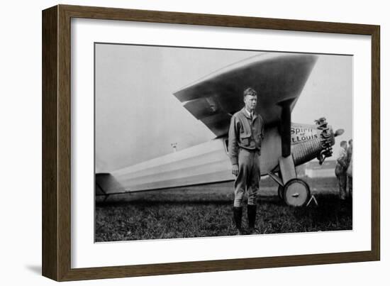 Charles Lindbergh (1902-1974) American Aviator in Front of His Plane Spirit of Saint Louis-null-Framed Photo