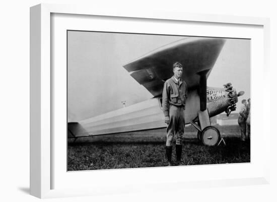 Charles Lindbergh (1902-1974) American Aviator in Front of His Plane Spirit of Saint Louis-null-Framed Photo