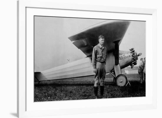 Charles Lindbergh (1902-1974) American Aviator in Front of His Plane Spirit of Saint Louis-null-Framed Photo