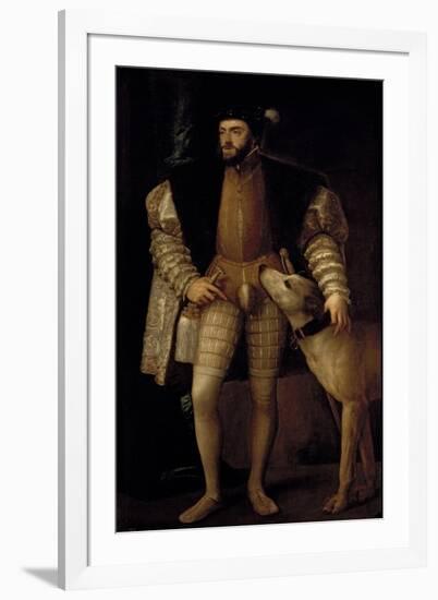 Charles V (1500-58) Holy Roman Emperor and King of Spain with His Dog, 1533-Titian (Tiziano Vecelli)-Framed Giclee Print