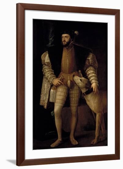 Charles V (1500-58) Holy Roman Emperor and King of Spain with His Dog, 1533-Titian (Tiziano Vecelli)-Framed Giclee Print