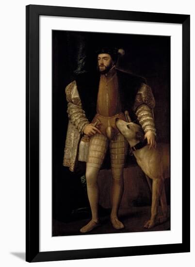 Charles V (1500-58) Holy Roman Emperor and King of Spain with His Dog, 1533-Titian (Tiziano Vecelli)-Framed Giclee Print