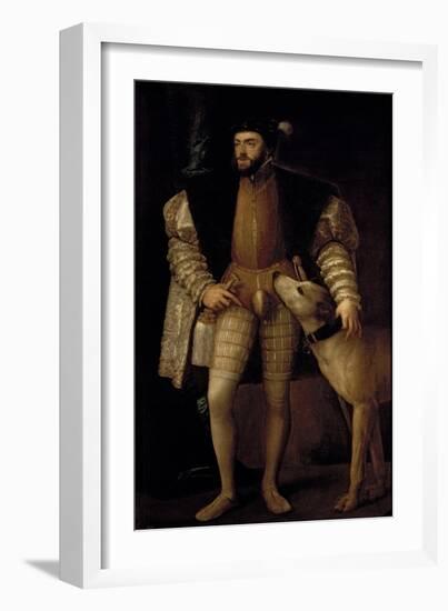 Charles V (1500-58) Holy Roman Emperor and King of Spain with His Dog, 1533-Titian (Tiziano Vecelli)-Framed Giclee Print