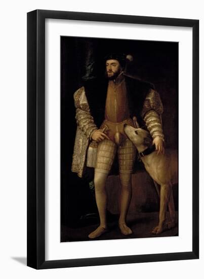Charles V (1500-58) Holy Roman Emperor and King of Spain with His Dog, 1533-Titian (Tiziano Vecelli)-Framed Premium Giclee Print