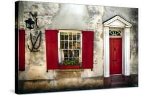 Charleston Red Door And Shutters-George Oze-Stretched Canvas