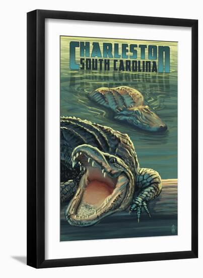 Charleston, South Carolina - Alligators Scene-Lantern Press-Framed Art Print