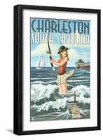 Charleston, South Carolina - Pinup Girl Surf Fishing-Lantern Press-Framed Art Print