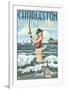 Charleston, South Carolina - Pinup Girl Surf Fishing-Lantern Press-Framed Art Print