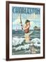 Charleston, South Carolina - Pinup Girl Surf Fishing-Lantern Press-Framed Art Print