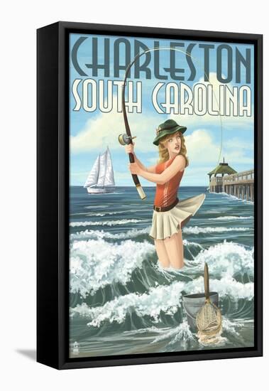 Charleston, South Carolina - Pinup Girl Surf Fishing-Lantern Press-Framed Stretched Canvas
