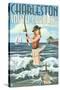 Charleston, South Carolina - Pinup Girl Surf Fishing-Lantern Press-Stretched Canvas