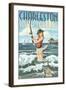 Charleston, South Carolina - Pinup Girl Surf Fishing-Lantern Press-Framed Art Print