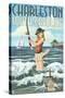 Charleston, South Carolina - Pinup Girl Surf Fishing-Lantern Press-Stretched Canvas