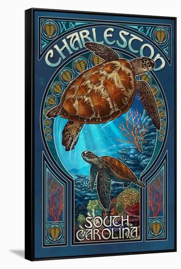 Charleston, South Carolina - Sea Turtle Art Nouveau-Lantern Press-Framed Stretched Canvas