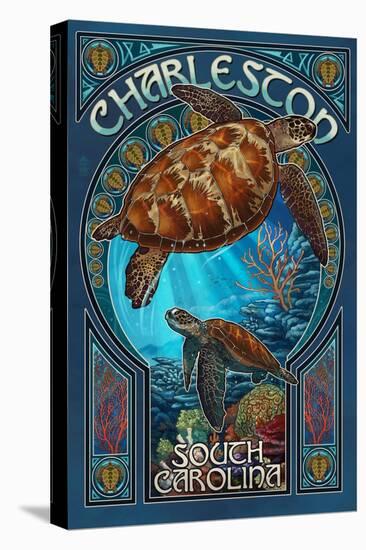 Charleston, South Carolina - Sea Turtle Art Nouveau-Lantern Press-Stretched Canvas