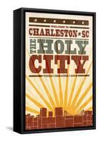 Charleston, South Carolina - Skyline and Sunburst Screenprint Style-Lantern Press-Framed Stretched Canvas