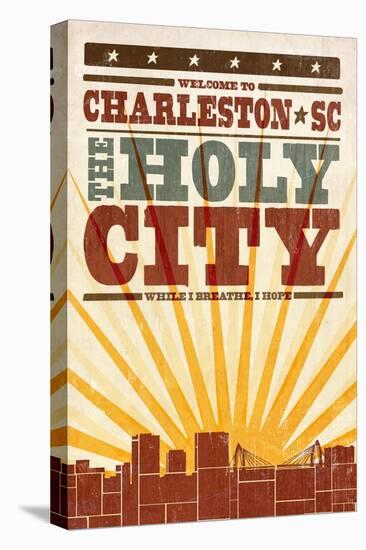 Charleston, South Carolina - Skyline and Sunburst Screenprint Style-Lantern Press-Stretched Canvas