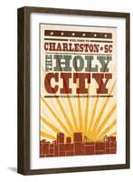 Charleston, South Carolina - Skyline and Sunburst Screenprint Style-Lantern Press-Framed Art Print