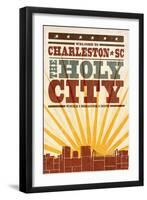 Charleston, South Carolina - Skyline and Sunburst Screenprint Style-Lantern Press-Framed Art Print