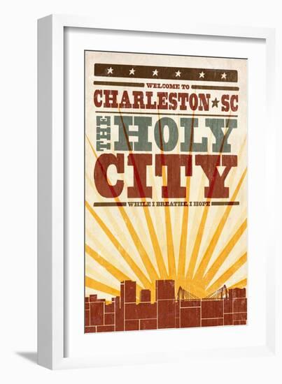 Charleston, South Carolina - Skyline and Sunburst Screenprint Style-Lantern Press-Framed Art Print